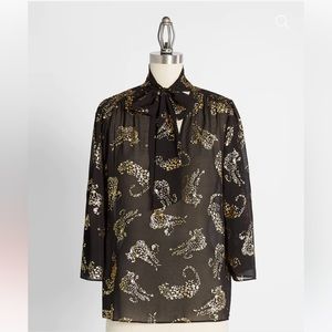 ModCloth Hutch Sheer Leopard Motif Tie-Neck Blouse, Size M Medium, Black & Gold